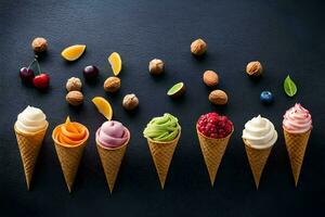 different flavors of ice cream in cones on a black background. AI-Generated photo