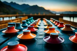 colorful cups and bowls sit on a table in front of a mountain. AI-Generated photo