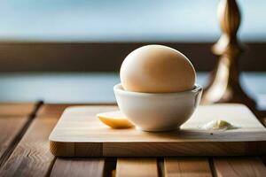 un huevo en un taza en un de madera mesa. generado por ai foto