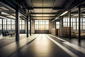 an empty warehouse with large windows and lots of boxes. AI-Generated photo