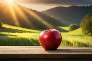 an apple sits on a wooden table in front of a green field. AI-Generated photo