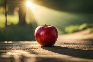 an apple sits on the ground in front of the sun. AI-Generated photo