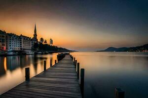 a pier in the middle of a lake at sunset. AI-Generated photo