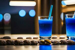 two glasses of blue drink with straws on a table. AI-Generated photo