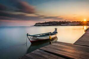 a boat sits on the dock at sunset. AI-Generated photo