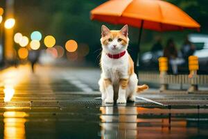 a cat is standing on a wet street with an umbrella. AI-Generated photo