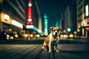 a dog sitting on the street at night. AI-Generated photo