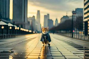 un gato caminando en un ciudad calle a puesta de sol. generado por ai foto