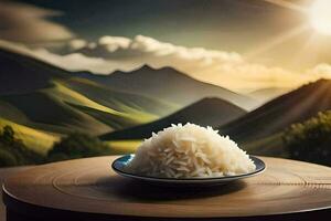 a bowl of rice on a table in front of mountains. AI-Generated photo