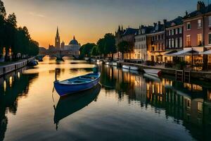 a boat is docked on a canal at sunset. AI-Generated photo