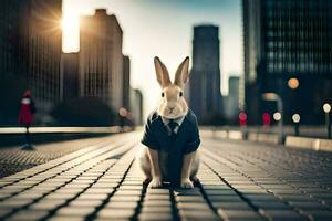 a rabbit in a suit and tie sitting on a brick road. AI-Generated photo