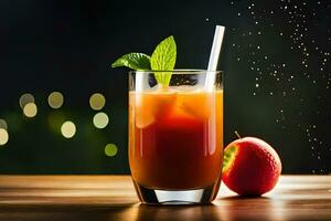 a glass of iced tea with an apple and mint leaves. AI-Generated photo