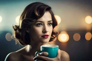 a woman holding a cup of coffee. AI-Generated photo