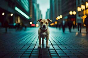 a dog is standing on a street at night. AI-Generated photo