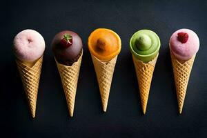 five different ice cream cones are lined up on a black background. AI-Generated photo