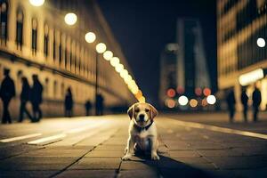 a dog sitting on the sidewalk at night. AI-Generated photo