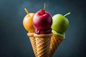 Tres hielo crema conos con diferente frutas en a ellos. generado por ai foto