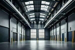 an empty warehouse with a large skylight. AI-Generated photo