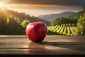 un manzana se sienta en un de madera mesa en frente de un viñedo. generado por ai foto