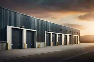 a large warehouse with two doors and a sky background. AI-Generated photo