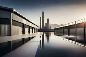 a factory building with a large pool in the middle. AI-Generated photo
