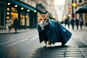 a cat wearing a blue coat on a street. AI-Generated photo