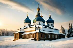 un Iglesia en el nieve con azul cúpulas generado por ai foto