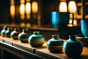 colorful vases on a shelf in a restaurant. AI-Generated photo