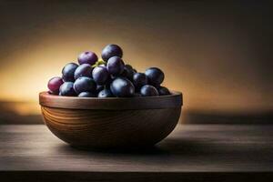 grapes in a wooden bowl on a table. AI-Generated photo