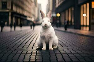 un blanco Conejo sentado en el calle en un ciudad. generado por ai foto