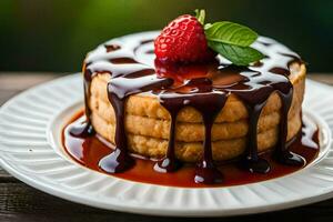 a cake with chocolate sauce and strawberries on top. AI-Generated photo