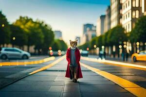 a fox in a red coat standing on the street. AI-Generated photo