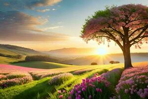 the sun rises over a tree in a field of pink flowers. AI-Generated photo