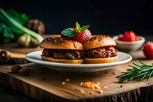 dos deslizadores con carne y vegetales en un de madera corte tablero. generado por ai foto