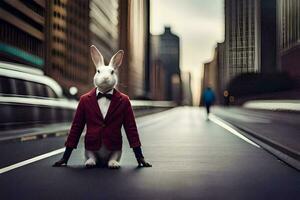 un Conejo vistiendo un rojo traje y Corbata se sienta en el calle. generado por ai foto