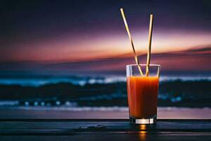 a glass of orange juice with two sticks on the table. AI-Generated photo