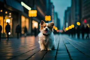 a dog sitting on the street at night. AI-Generated photo