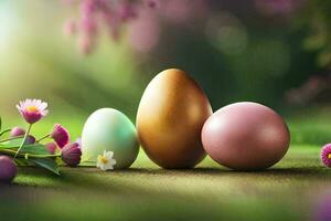 three eggs and flowers on a green grass. AI-Generated photo