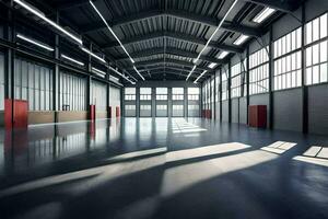 an empty warehouse with large windows and a lot of sunlight. AI-Generated photo