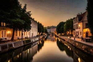 a canal in the middle of a city at sunset. AI-Generated photo