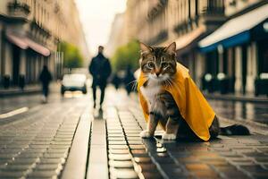 a cat wearing a yellow raincoat on a street. AI-Generated photo