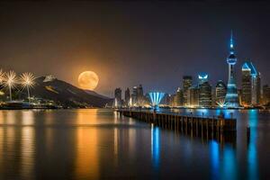 el Luna sube terminado el ciudad horizonte a noche. generado por ai foto