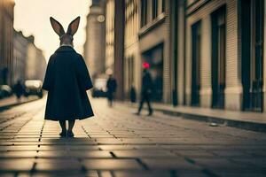 a rabbit wearing a coat and hat is walking down a street. AI-Generated photo