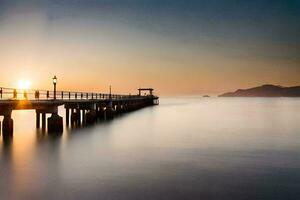 un largo exposición fotografía de un muelle a puesta de sol. generado por ai foto