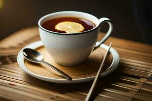 un taza de té con limón rebanada. generado por ai foto