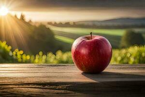 an apple sits on a wooden table in front of a sunset. AI-Generated photo