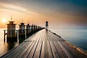 a pier with a lighthouse at sunset. AI-Generated photo