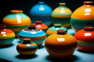 colorful vases are arranged in a row. AI-Generated photo