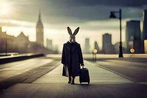 a rabbit wearing a suit and carrying a suitcase. AI-Generated photo