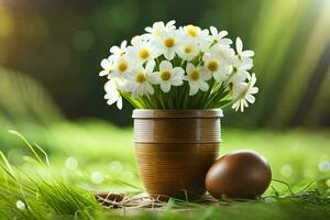 photo wallpaper grass, flowers, spring, flowers, easter, flowers, easter eggs,. AI-Generated